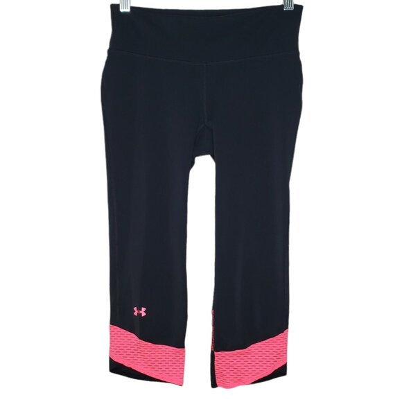 Under Armour Cropped Leggings Size Small Back Zipper Pocket Pink Support Logo - Picture 1 of 7